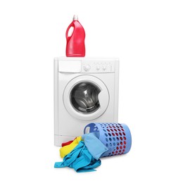 Photo of Washing machine, detergent and laundry basket with colorful clothes isolated on white