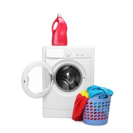 Photo of Washing machine, detergent and laundry basket with colorful clothes isolated on white