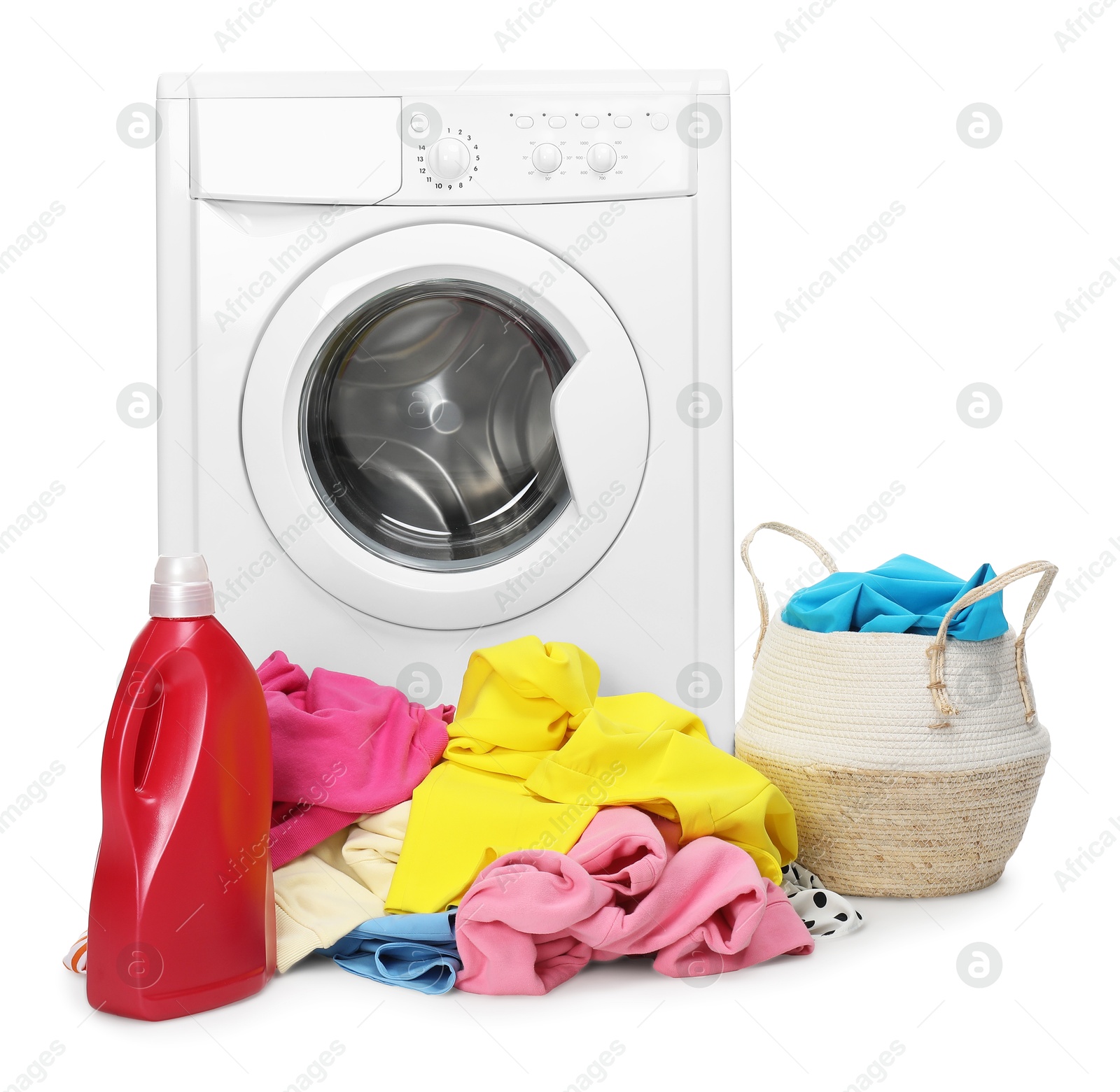 Photo of Washing machine, detergent and laundry basket with colorful clothes isolated on white