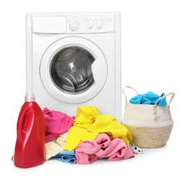 Photo of Washing machine, detergent and laundry basket with colorful clothes isolated on white