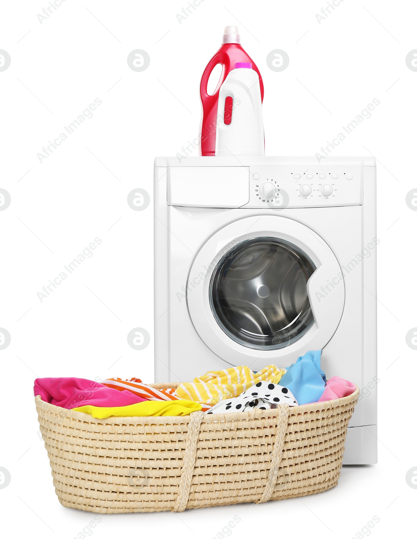 Photo of Washing machine, detergents and laundry basket with colorful clothes isolated on white