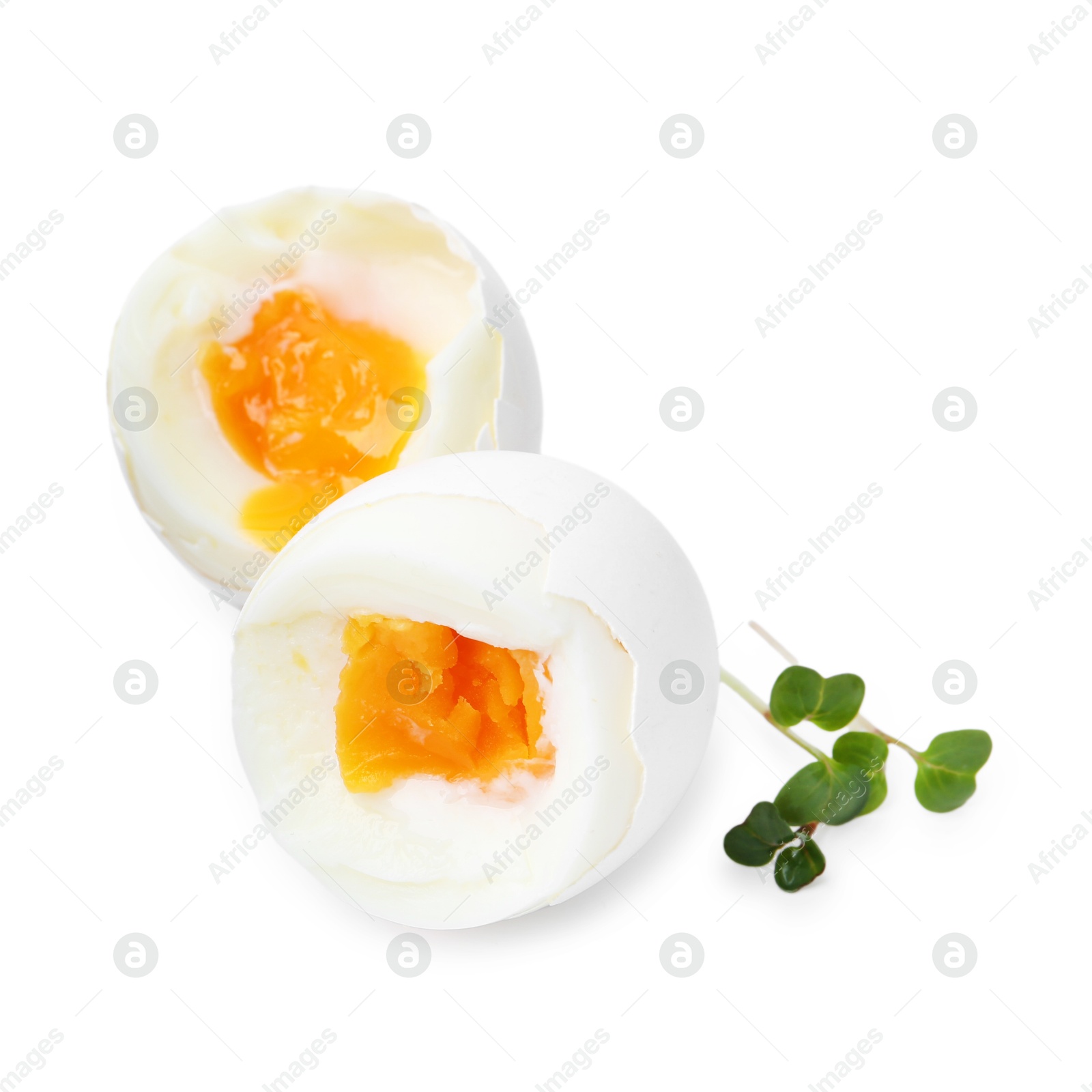 Photo of Delicious soft boiled eggs isolated on white