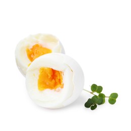 Photo of Delicious soft boiled eggs isolated on white