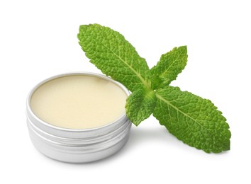 Photo of Mint lip balm and green leaves isolated on white. Cosmetic product