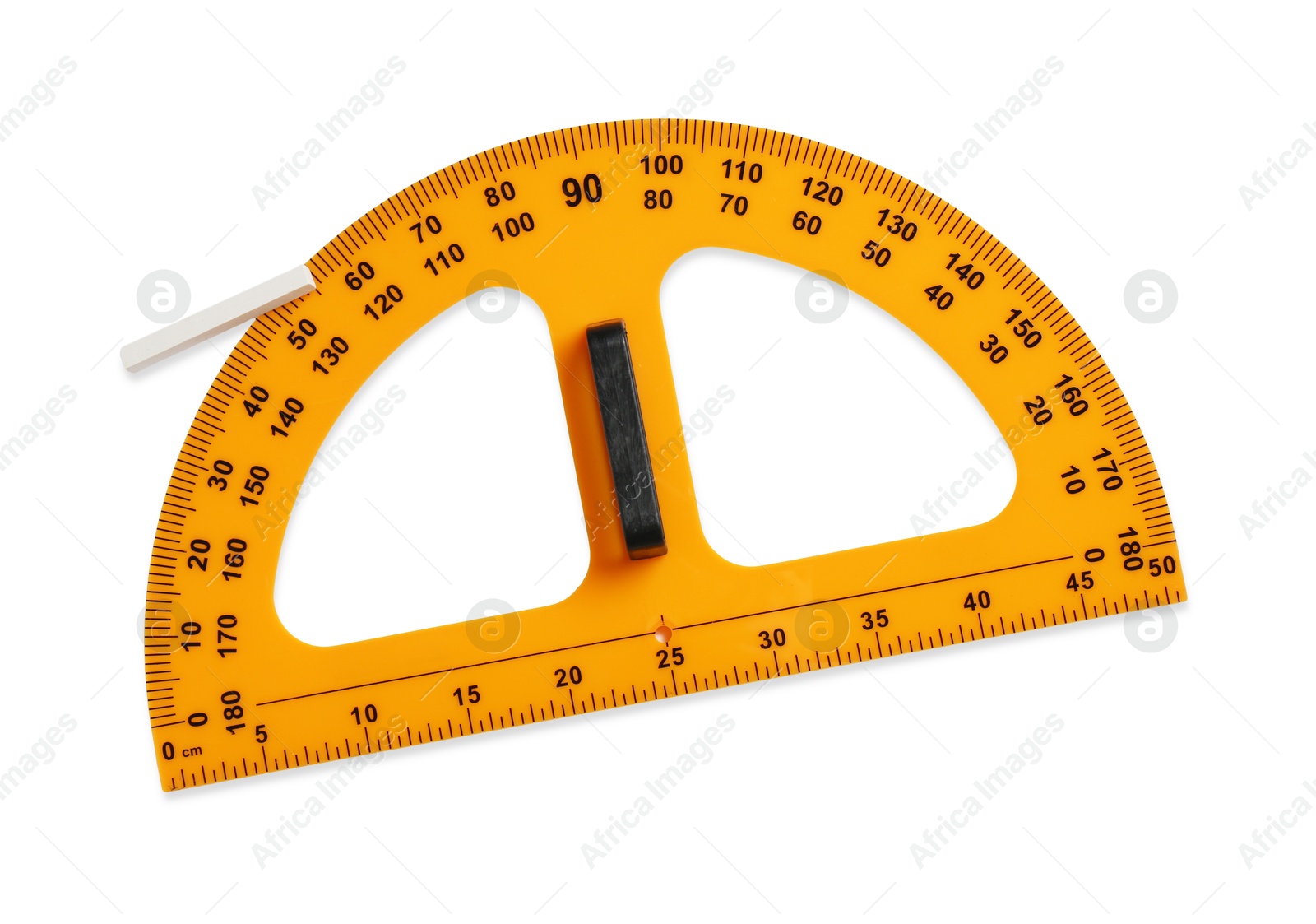 Photo of Protractor ruler and chalk isolated on white, top view