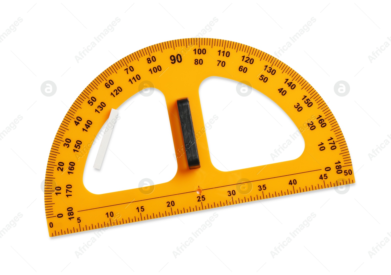 Photo of Protractor ruler and chalk isolated on white, top view