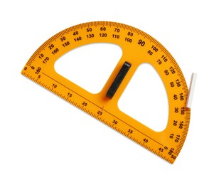 Photo of Protractor ruler and chalk isolated on white, top view