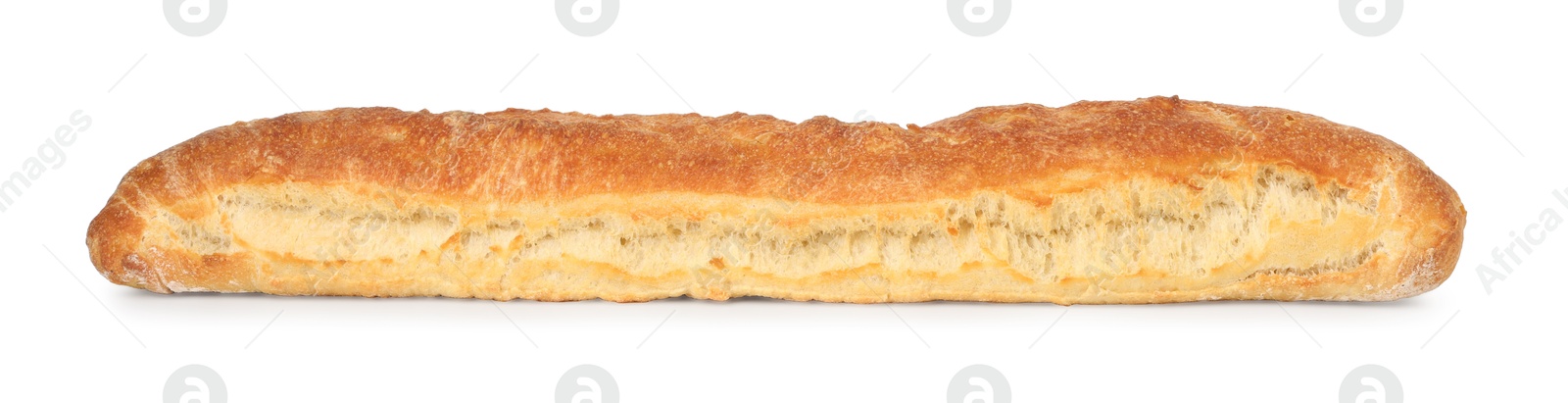 Photo of One freshly baked baguette isolated on white