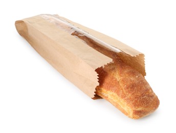 Photo of Fresh baguette in paper bag isolated on white