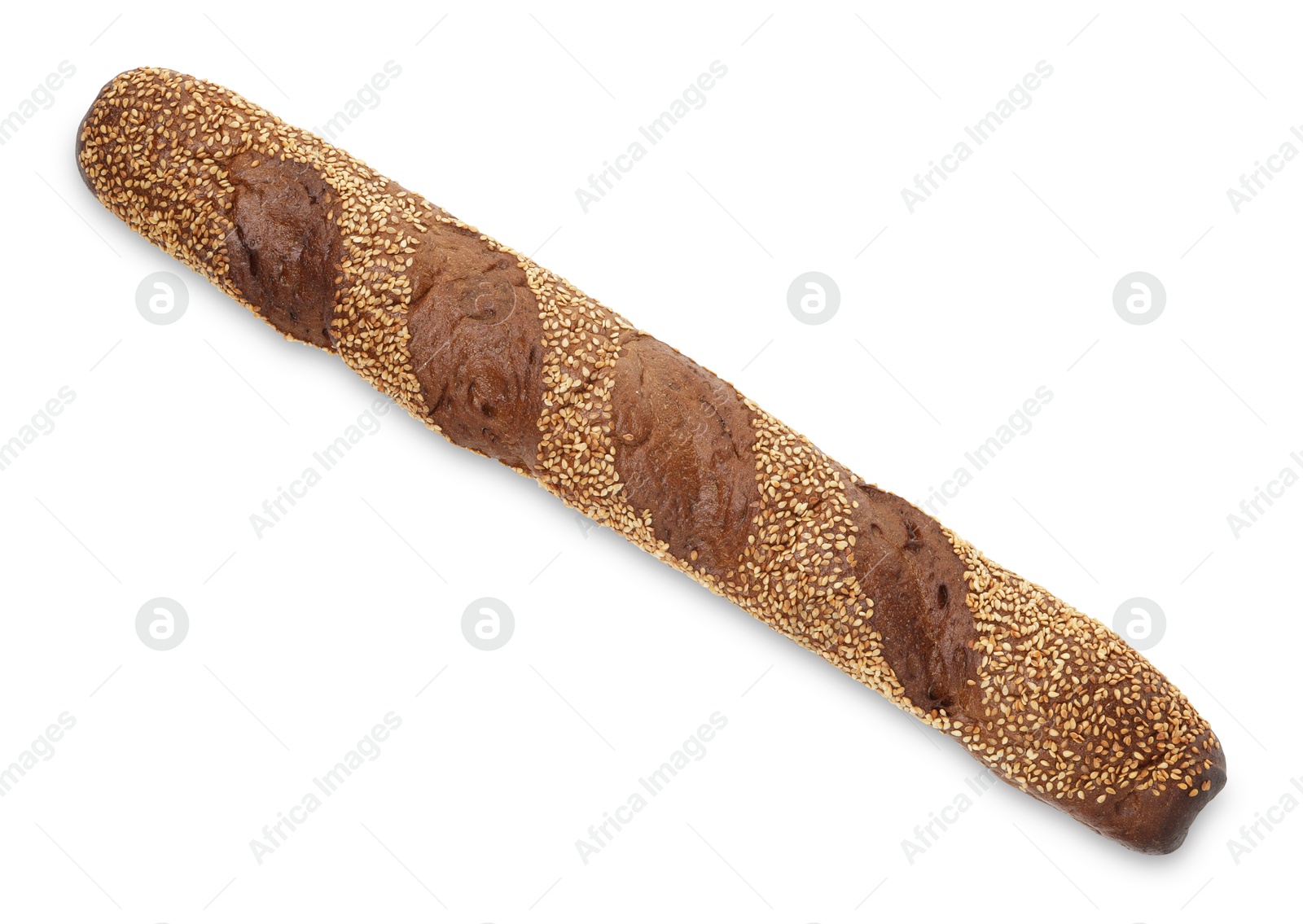 Photo of One fresh baguette with sesame isolated on white, top view