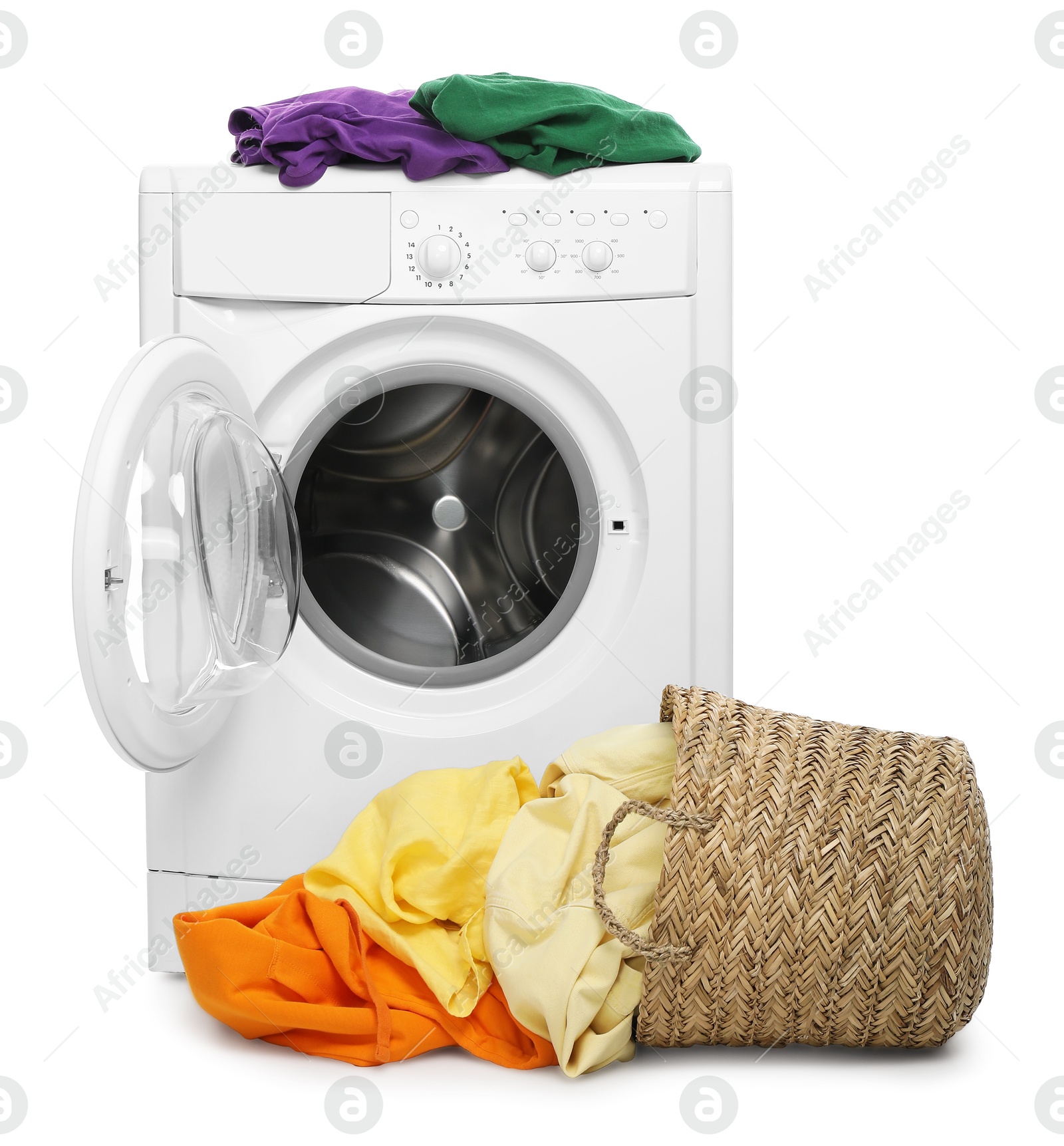 Photo of Modern washing machine and laundry basket isolated on white