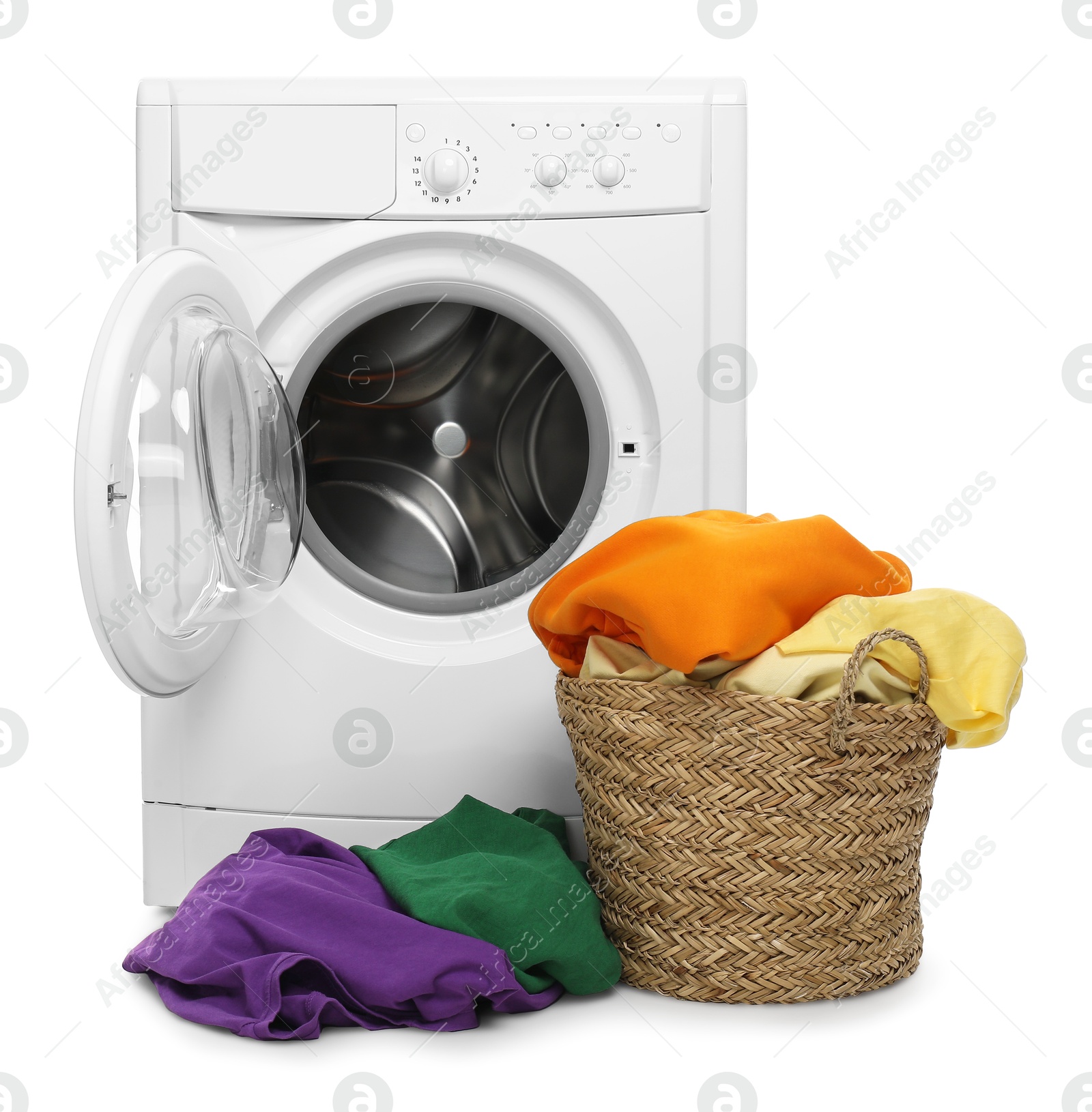 Photo of Modern washing machine and laundry basket isolated on white