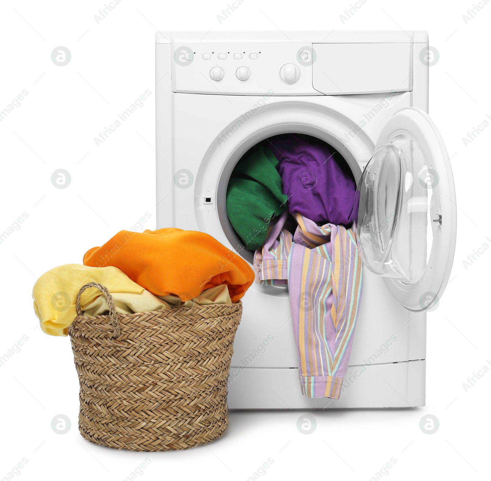 Photo of Modern washing machine and laundry basket isolated on white