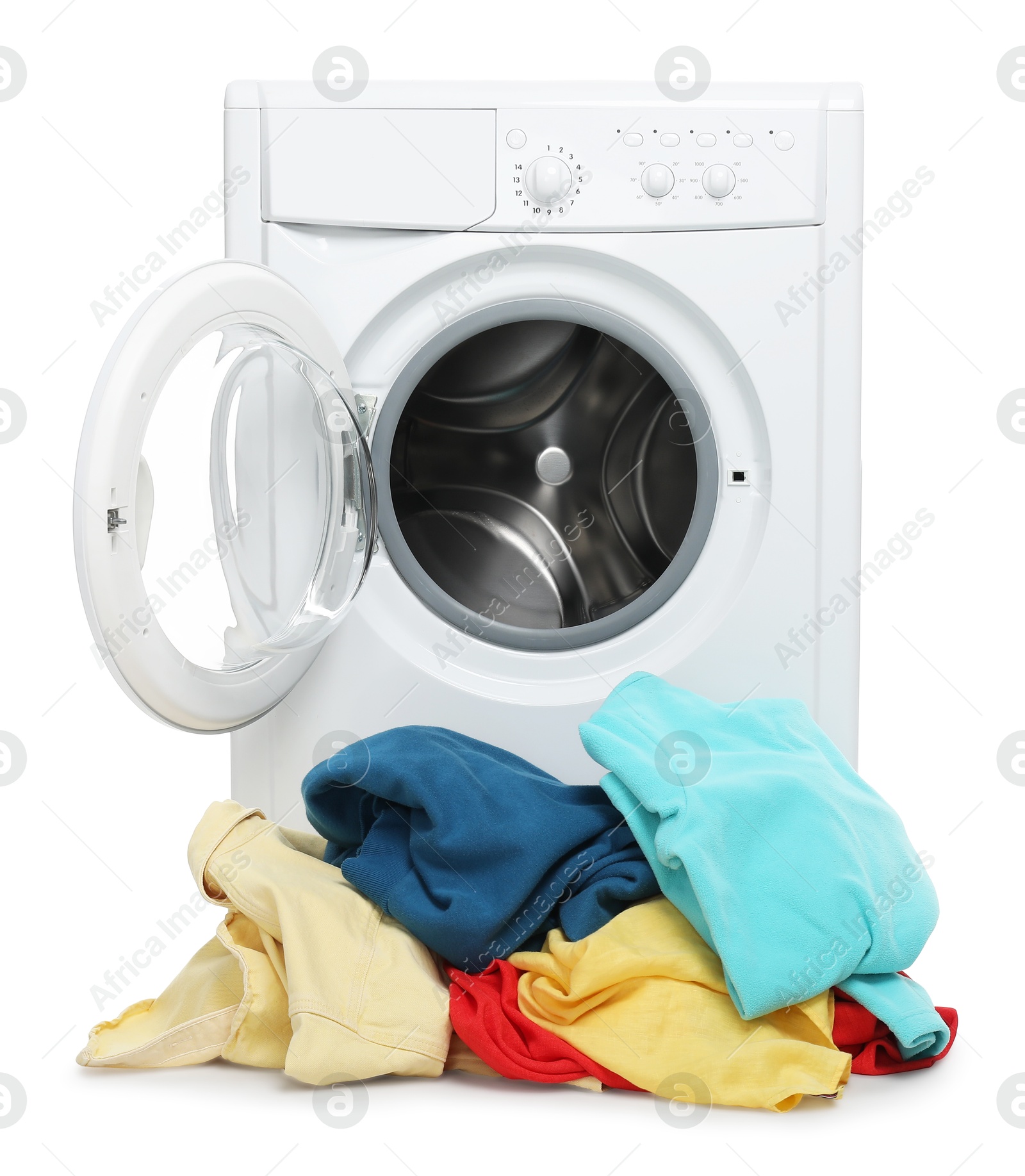 Photo of Modern washing machine and laundry isolated on white