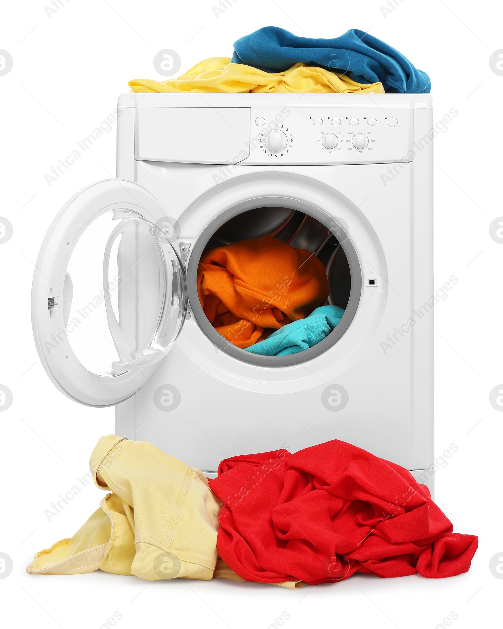 Photo of Modern washing machine and laundry isolated on white