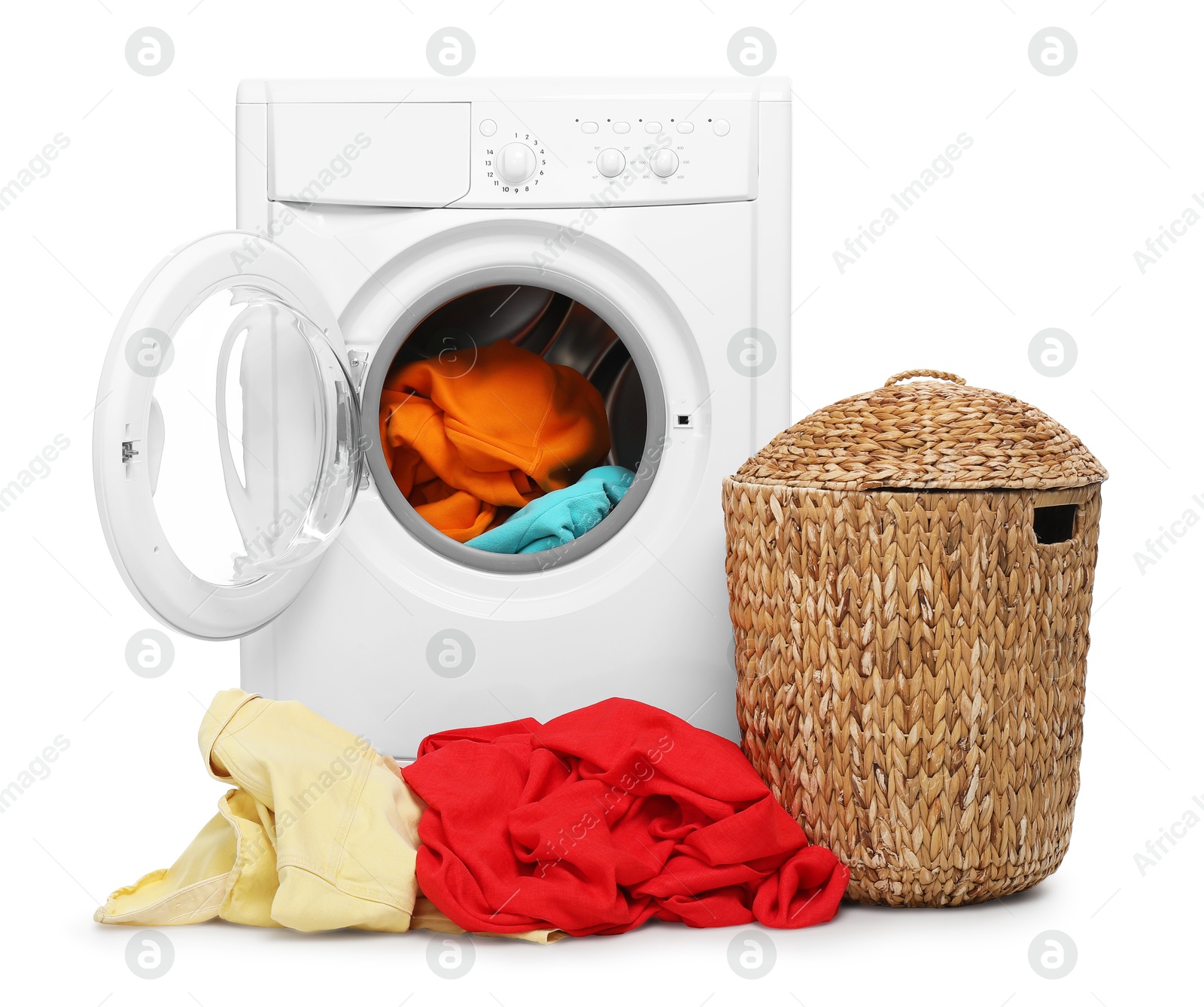 Photo of Modern washing machine and laundry basket isolated on white