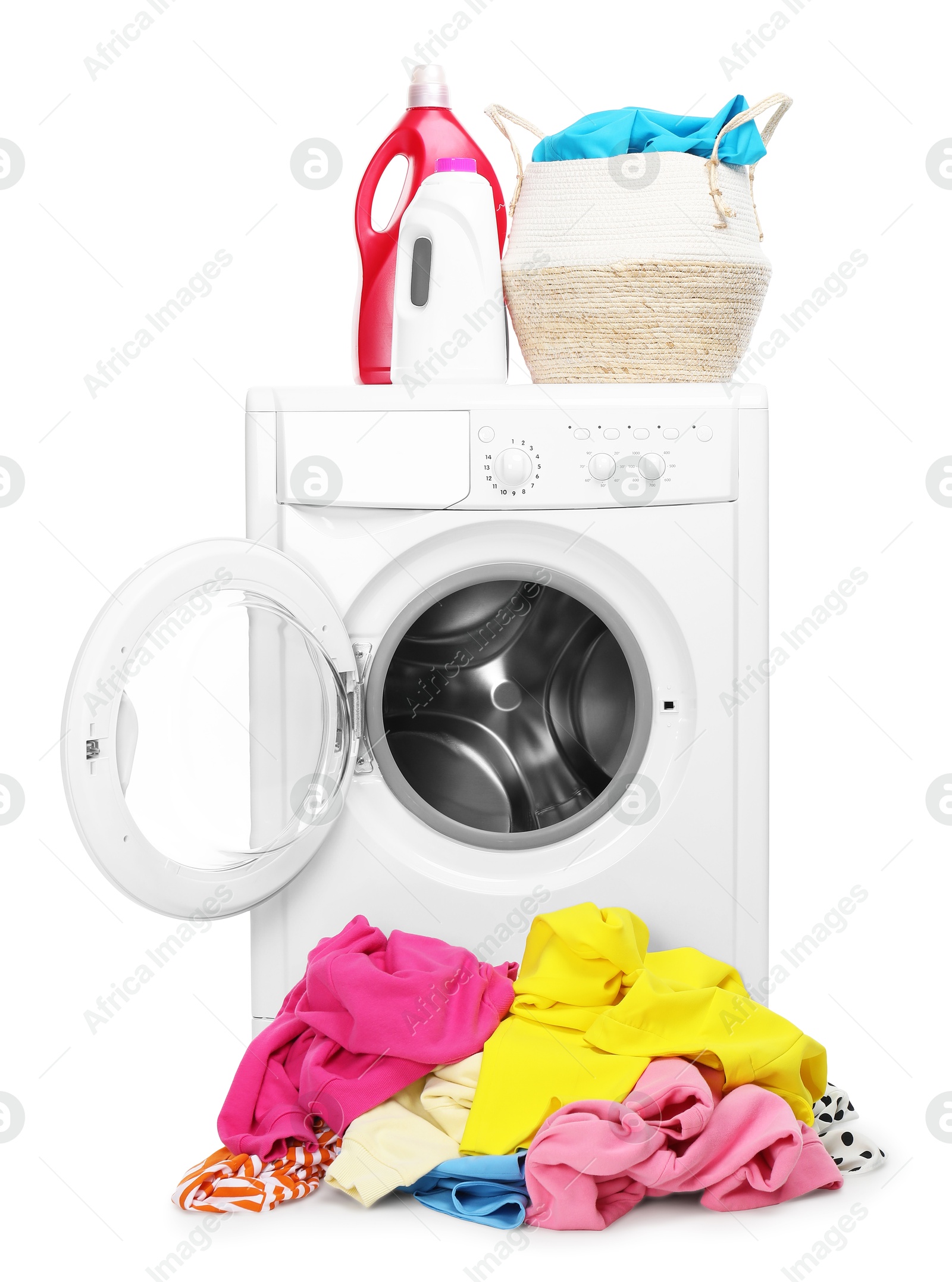 Photo of Washing machine, detergents and laundry basket with colorful clothes isolated on white