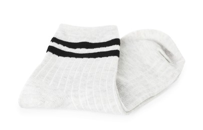 Photo of Pair of soft socks isolated on white