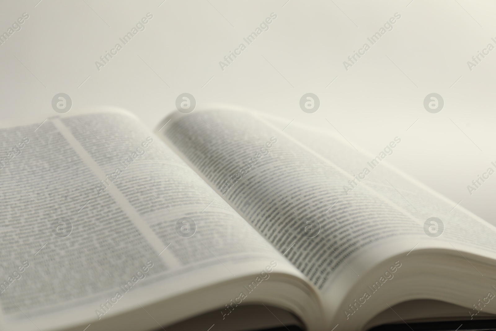 Photo of Open Holy Bible in English language on white background, closeup