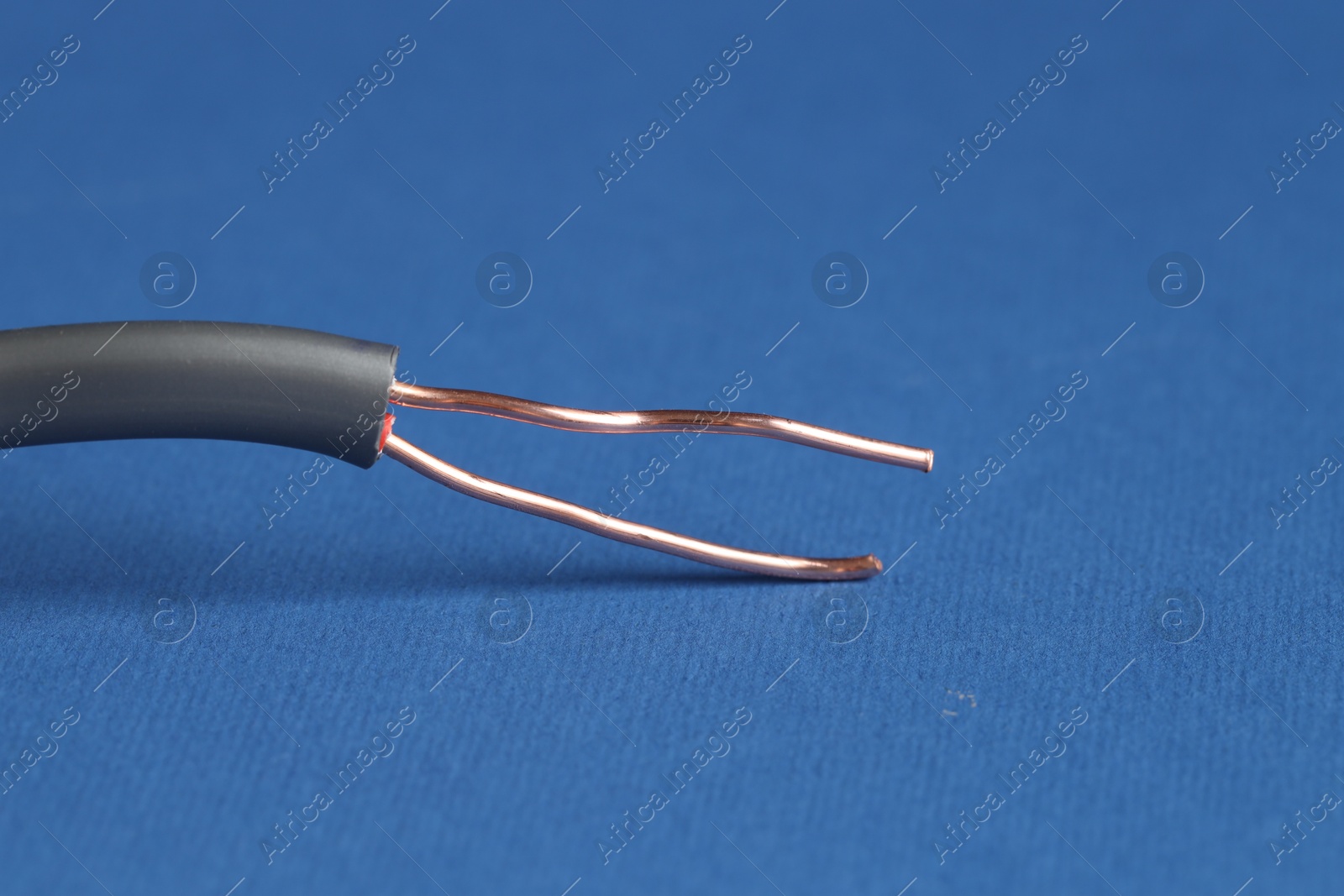 Photo of Grey stripped electrical wire on blue background, closeup