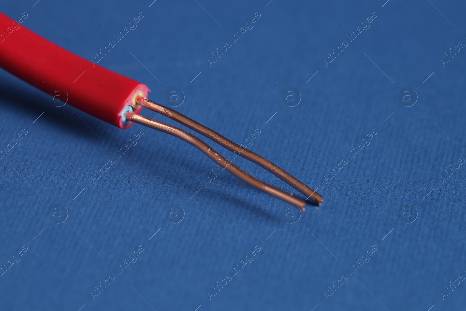 Photo of Red stripped electrical wire on blue background, closeup