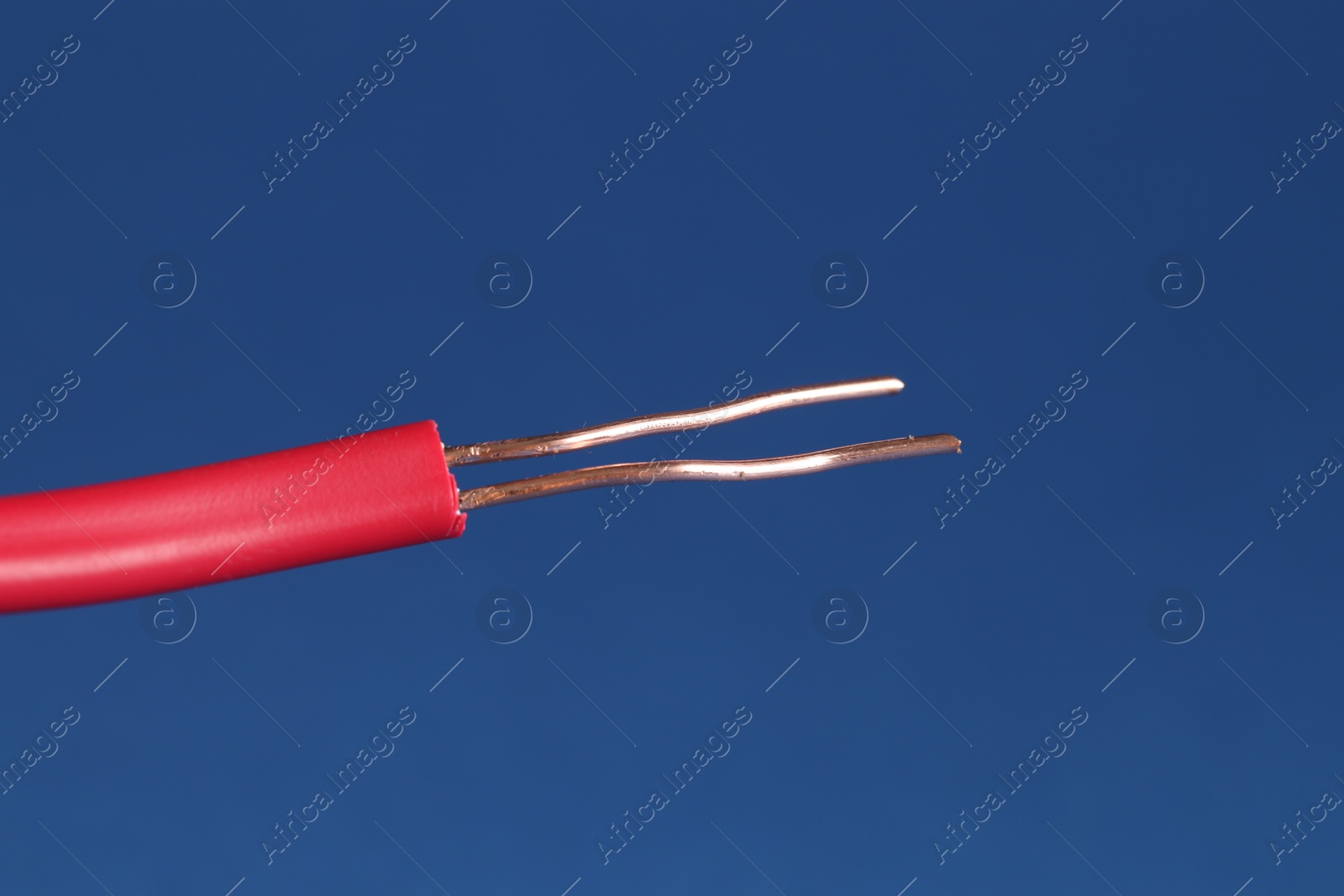 Photo of Red stripped electrical wire on blue background, closeup