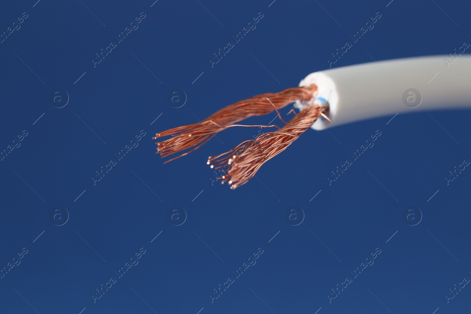 Photo of White stripped electrical wire on blue background, closeup