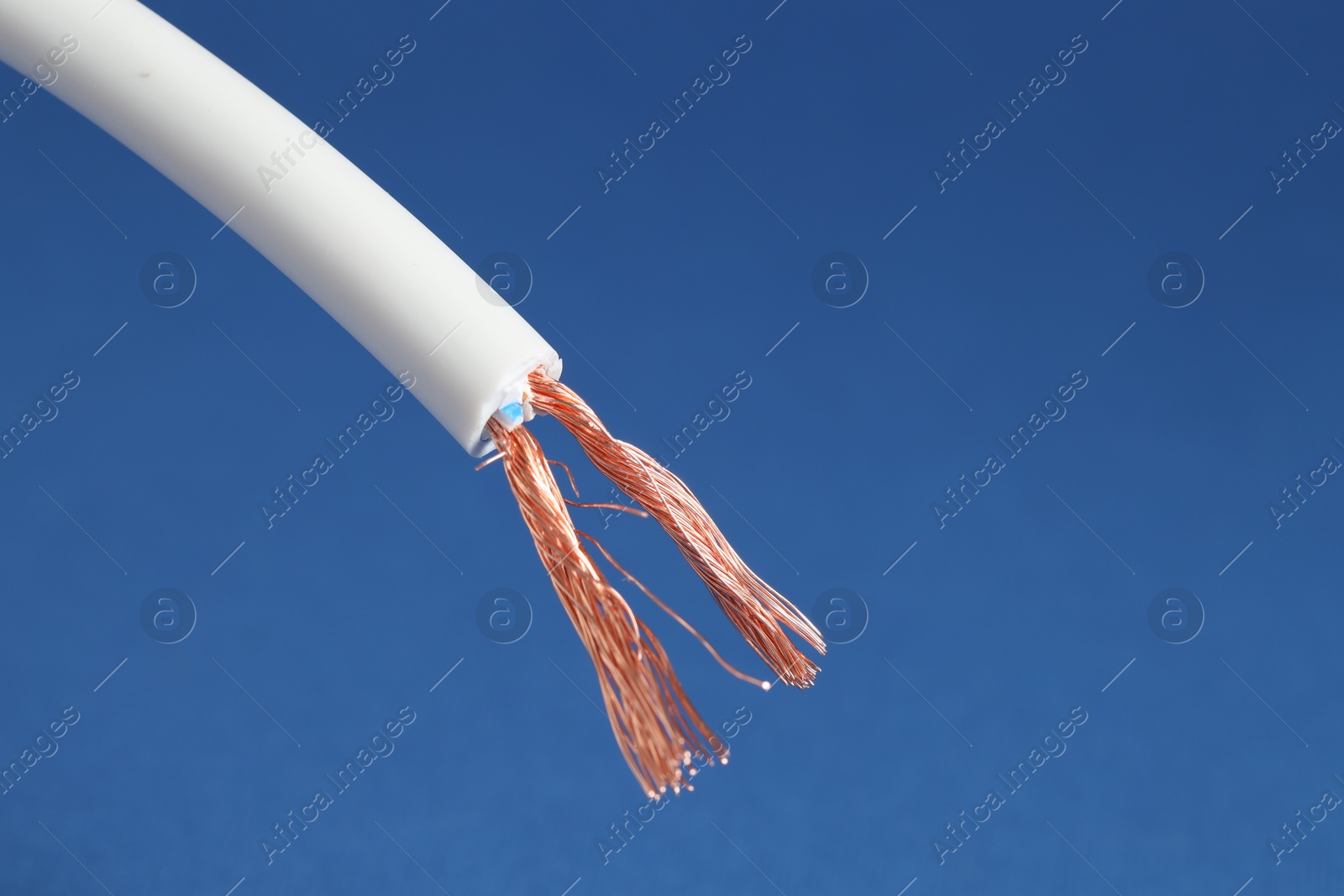 Photo of White stripped electrical wire on blue background, closeup. Space for text