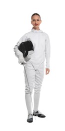 Fencer with protective mask and epee on white background