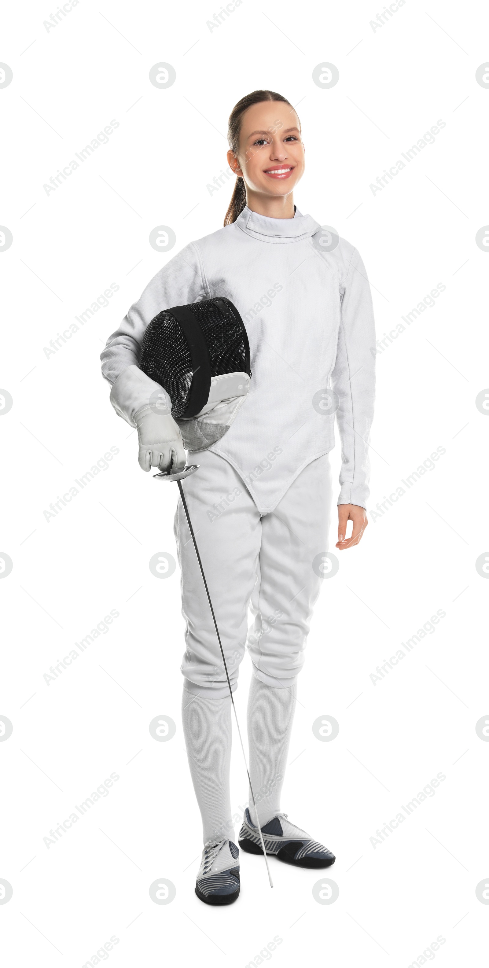 Photo of Smiling fencer with protective mask and epee on white background