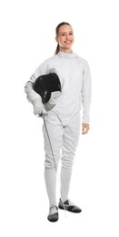 Photo of Smiling fencer with protective mask and epee on white background