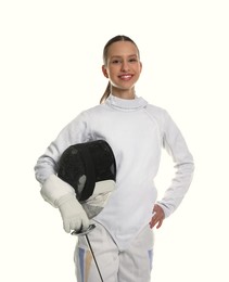 Photo of Smiling fencer with protective mask and epee on white background