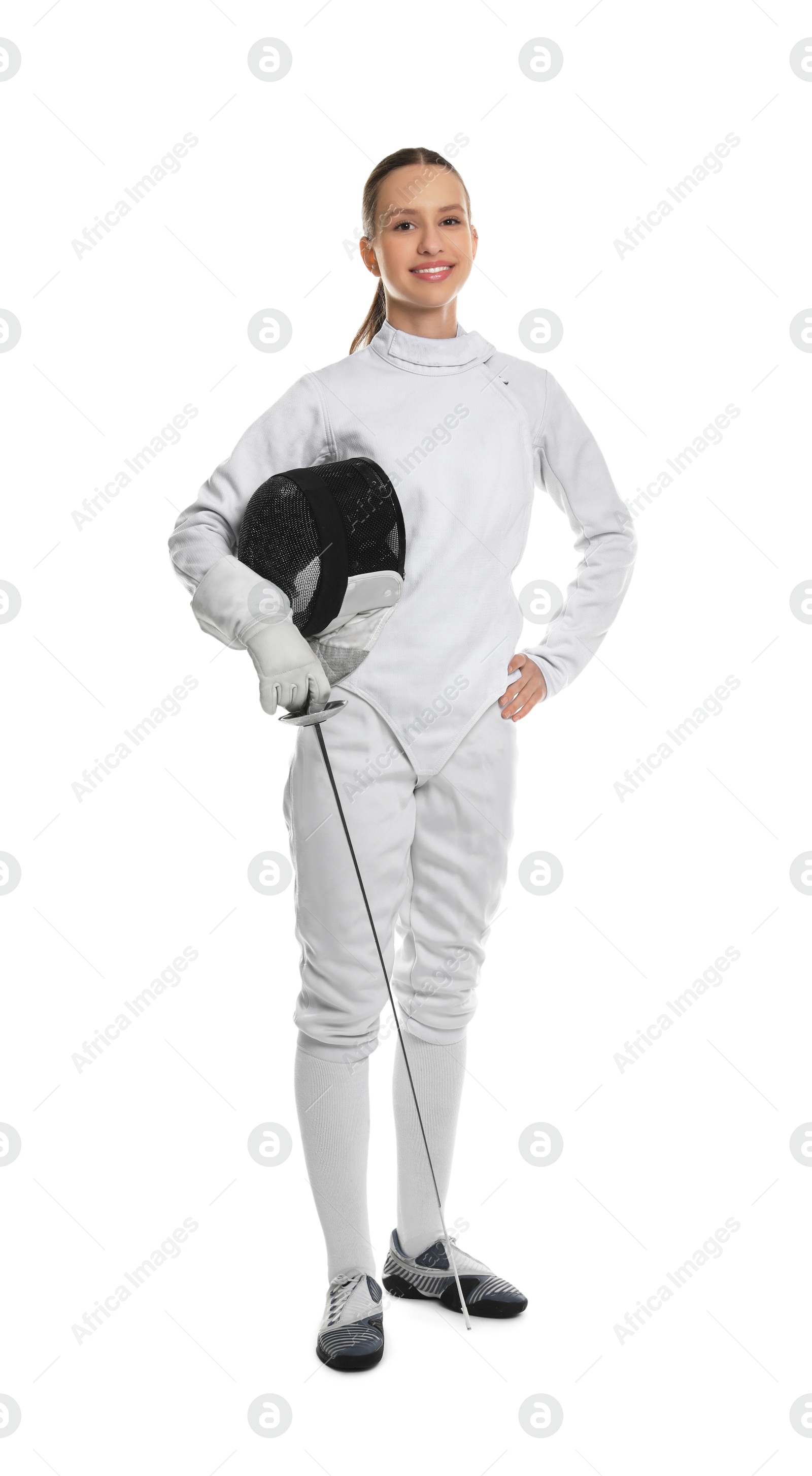 Photo of Smiling fencer with protective mask and epee on white background