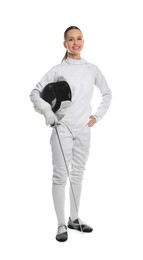 Photo of Smiling fencer with protective mask and epee on white background