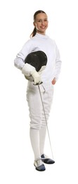 Photo of Smiling fencer with protective mask and epee on white background