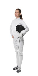 Photo of Smiling fencer with protective mask and epee on white background