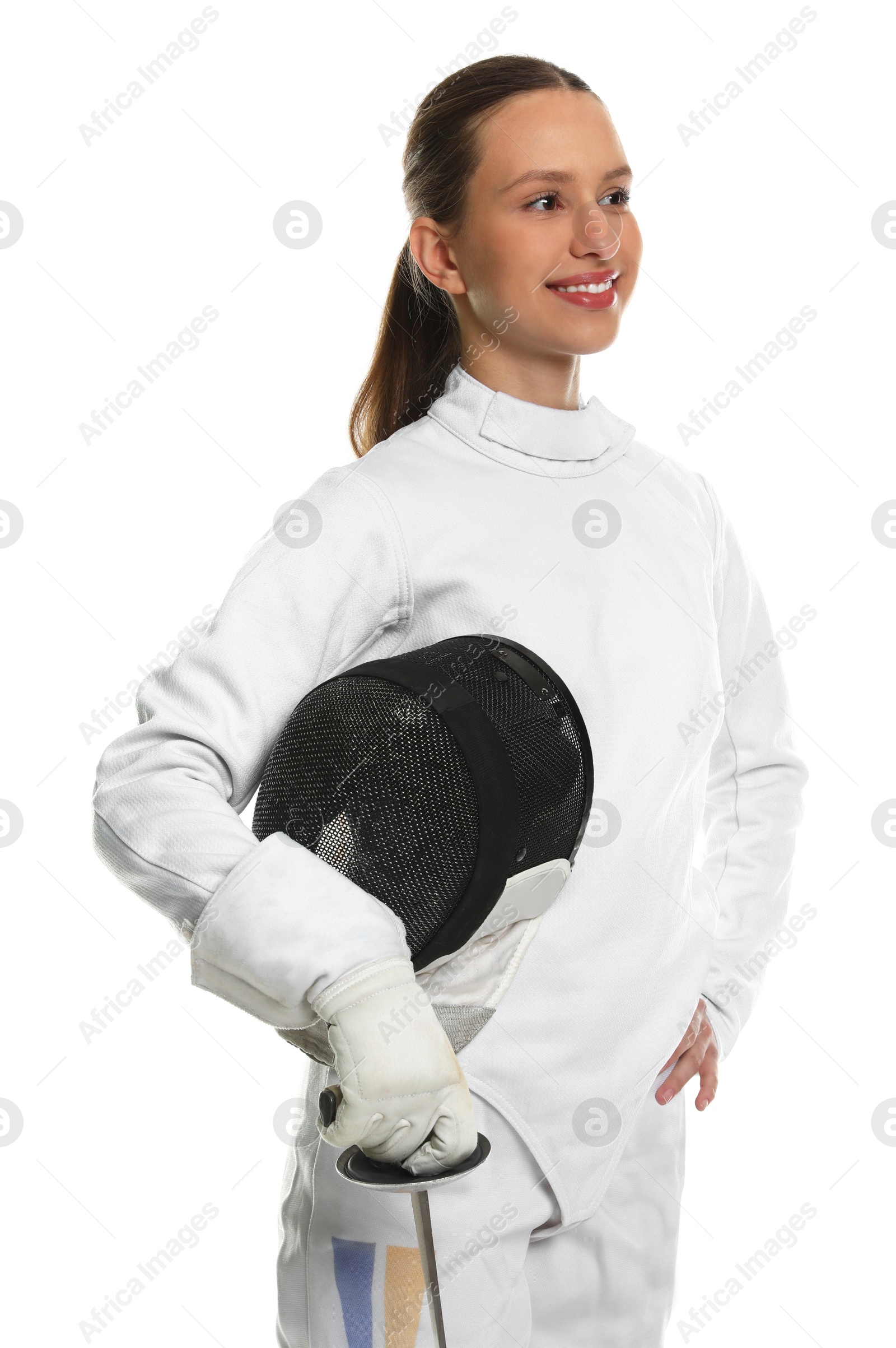 Photo of Smiling fencer with protective mask and epee on white background