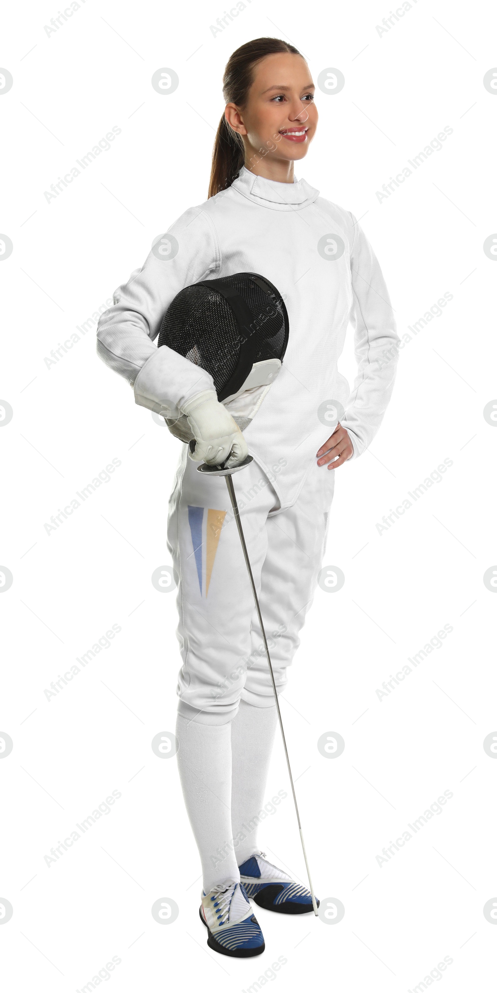 Photo of Smiling fencer with protective mask and epee on white background