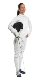 Photo of Smiling fencer with protective mask and epee on white background