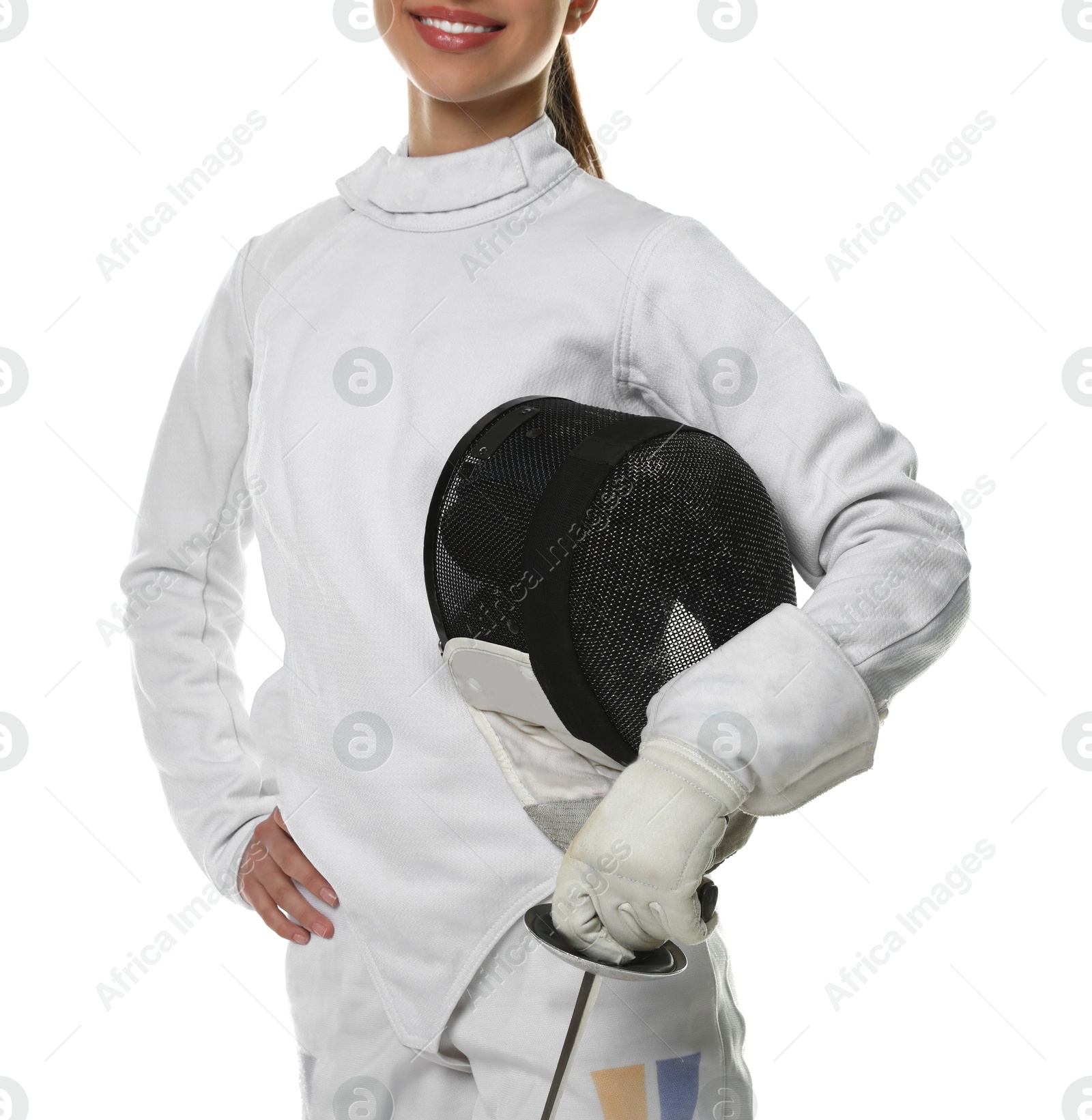 Photo of Fencer with protective mask and epee on white background, closeup