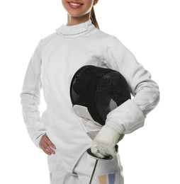 Photo of Fencer with protective mask and epee on white background, closeup