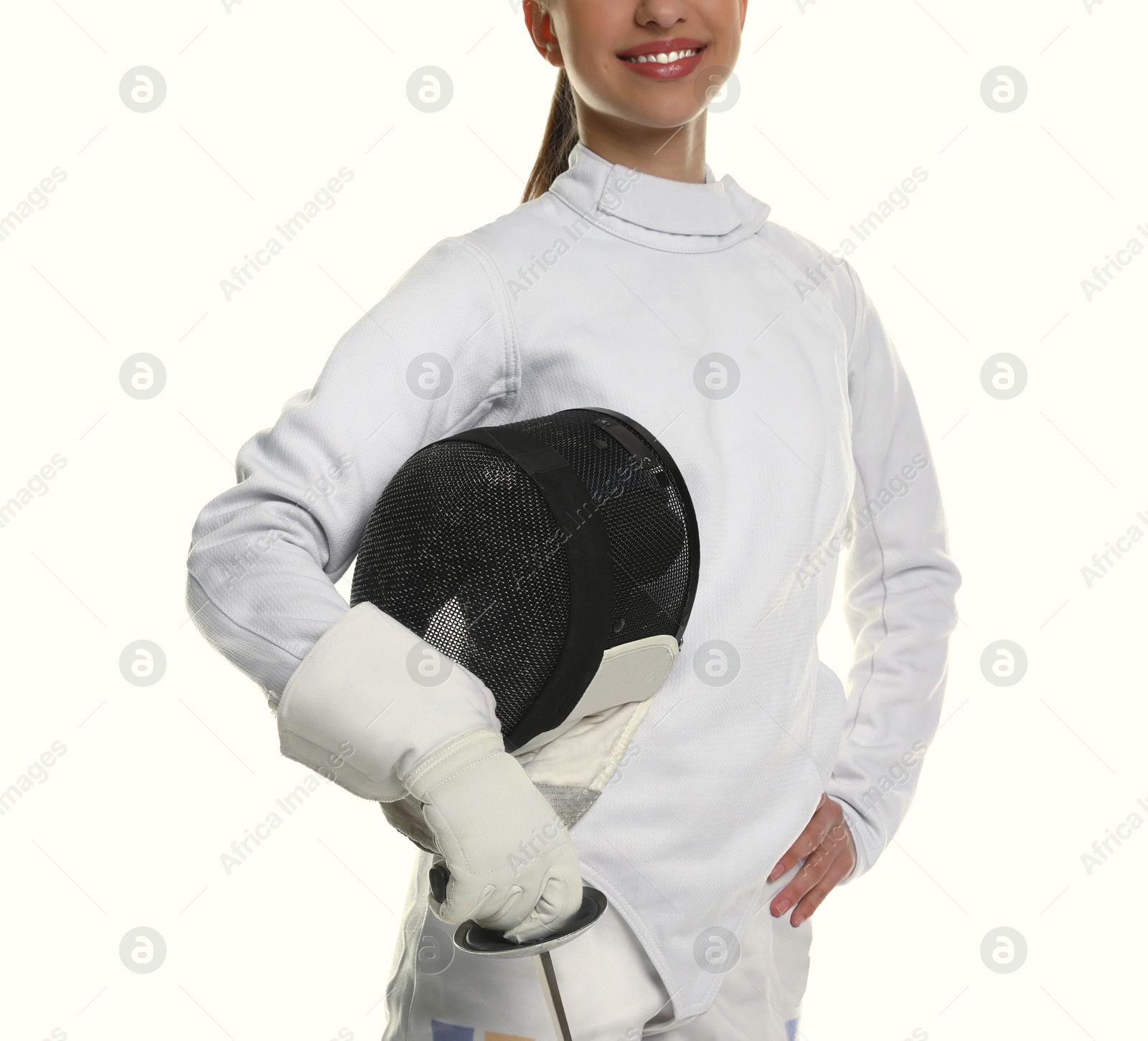 Photo of Fencer with protective mask and epee on white background, closeup