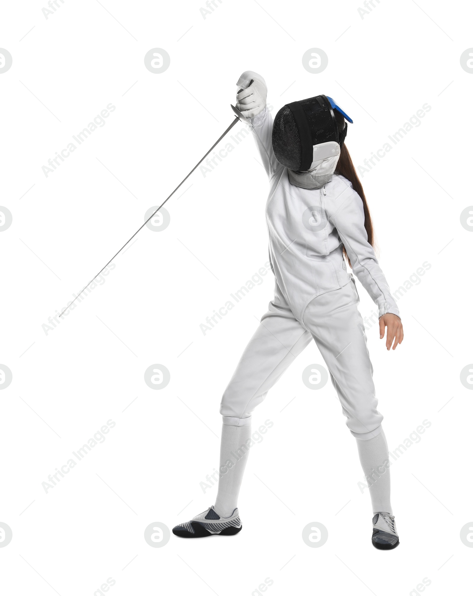 Photo of Fencer with epee practicing on white background