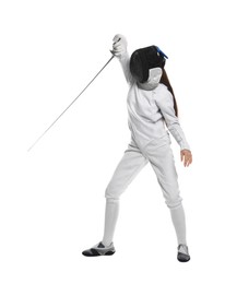 Photo of Fencer with epee practicing on white background