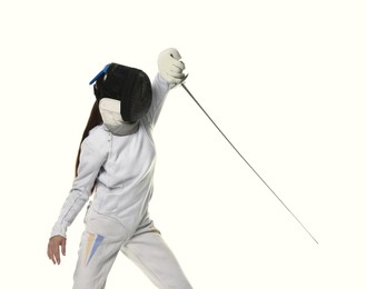 Photo of Fencer with epee practicing on white background