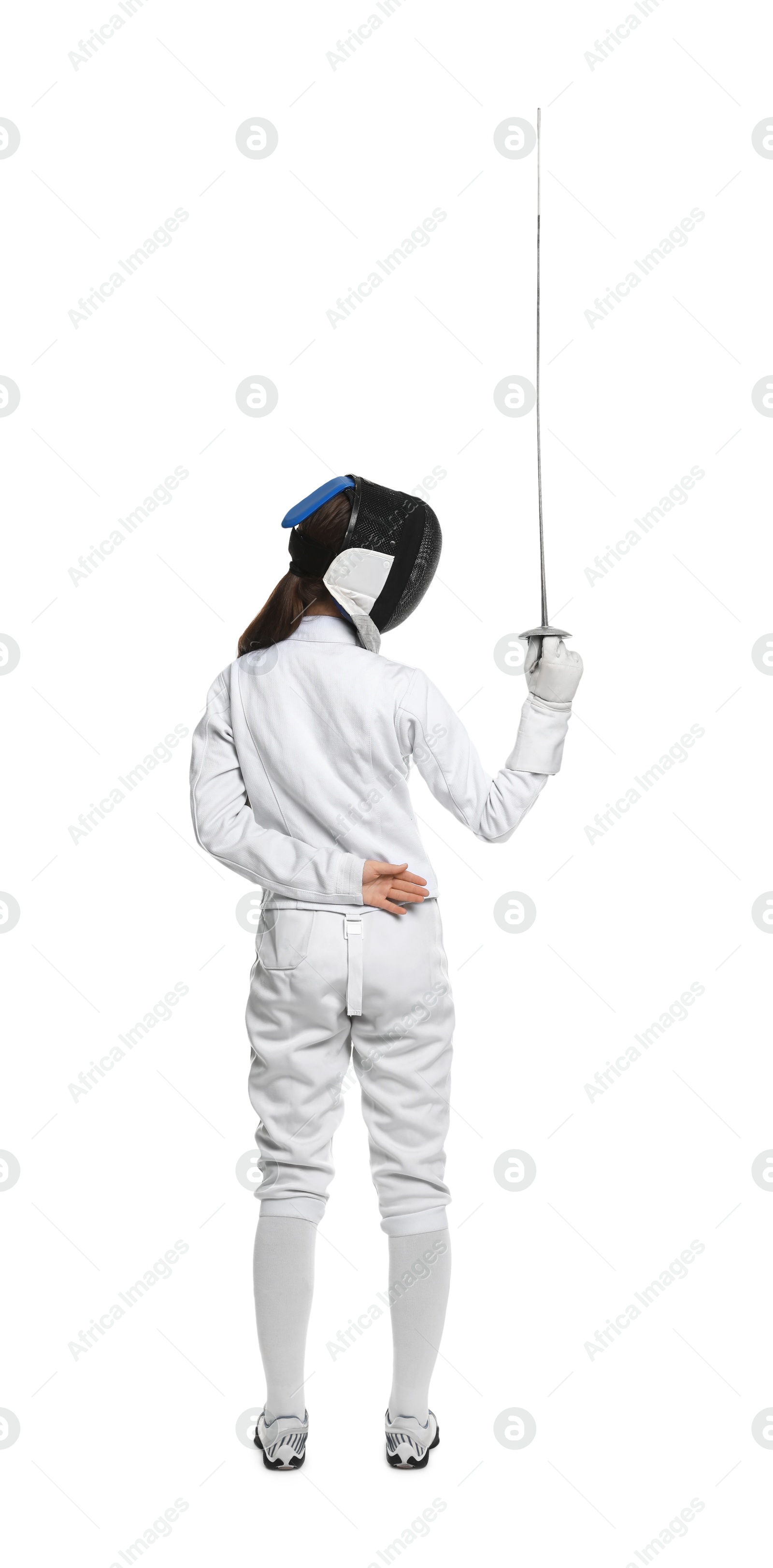 Photo of Fencer with epee practicing on white background