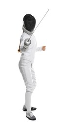 Photo of Fencer with epee practicing on white background