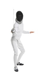 Photo of Fencer with epee practicing on white background