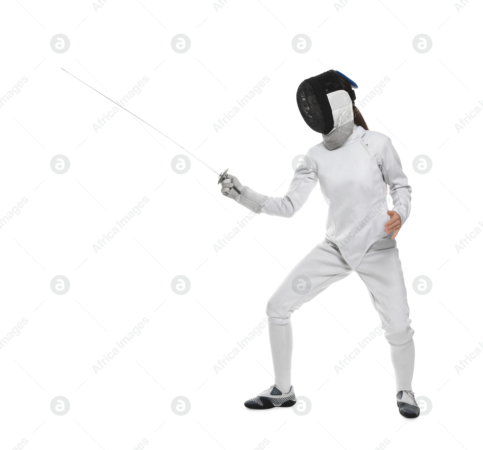 Photo of Fencer with epee practicing on white background