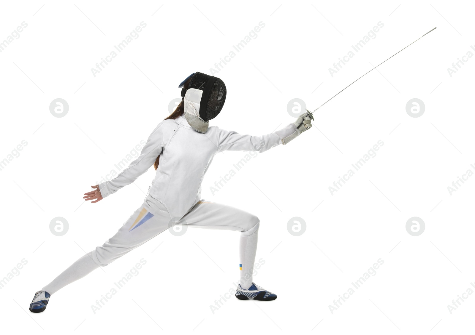 Photo of Fencer with epee practicing on white background